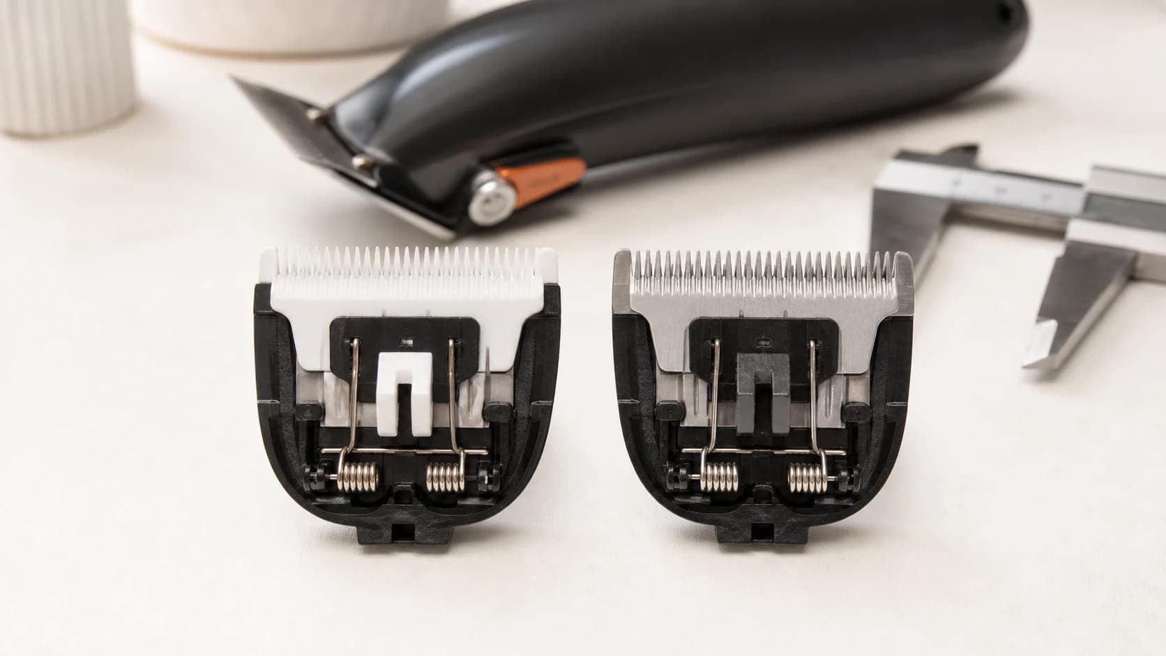 Ceramic and stainless-steel hair clipper blade assemblies side by side
