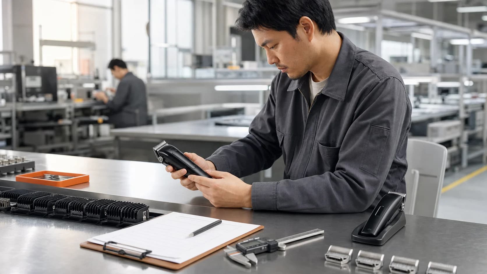 Manufacturing engineer inspecting a professional hair clipper and blade components