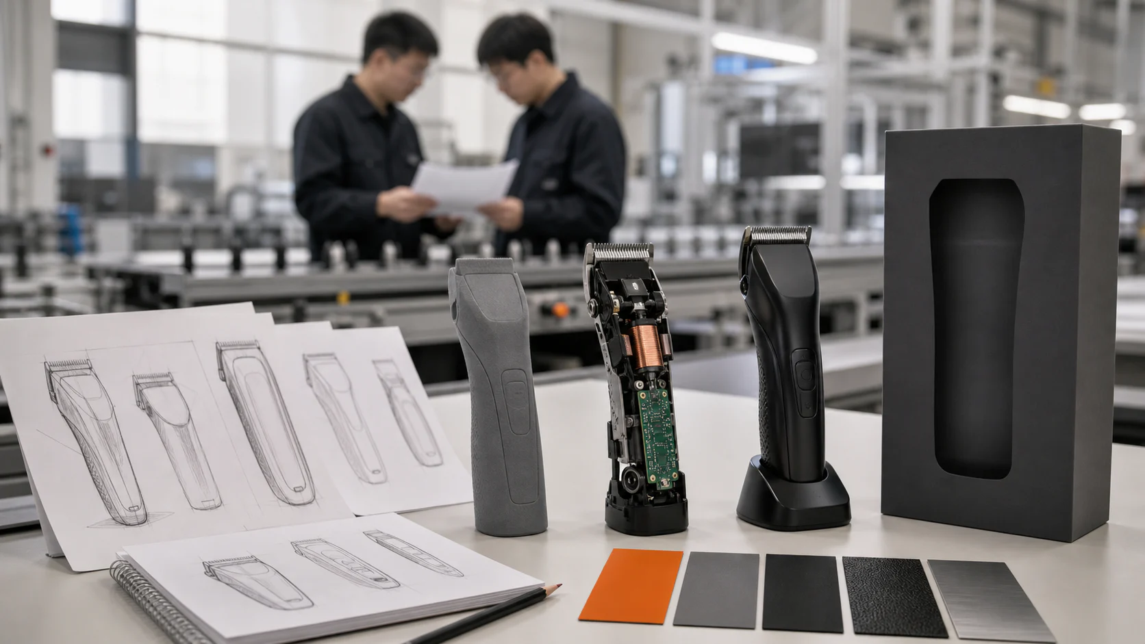 Hair clipper sketches, prototypes, engineering sample and production-ready product