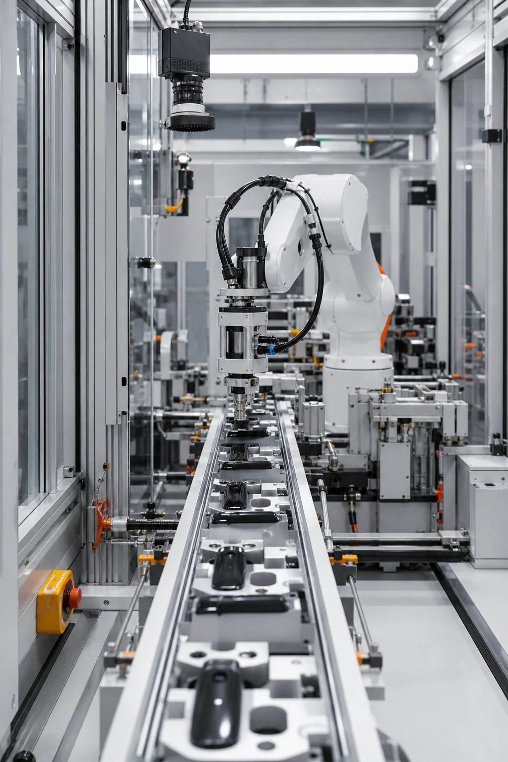 Automated production cell with robotic handling and machine vision