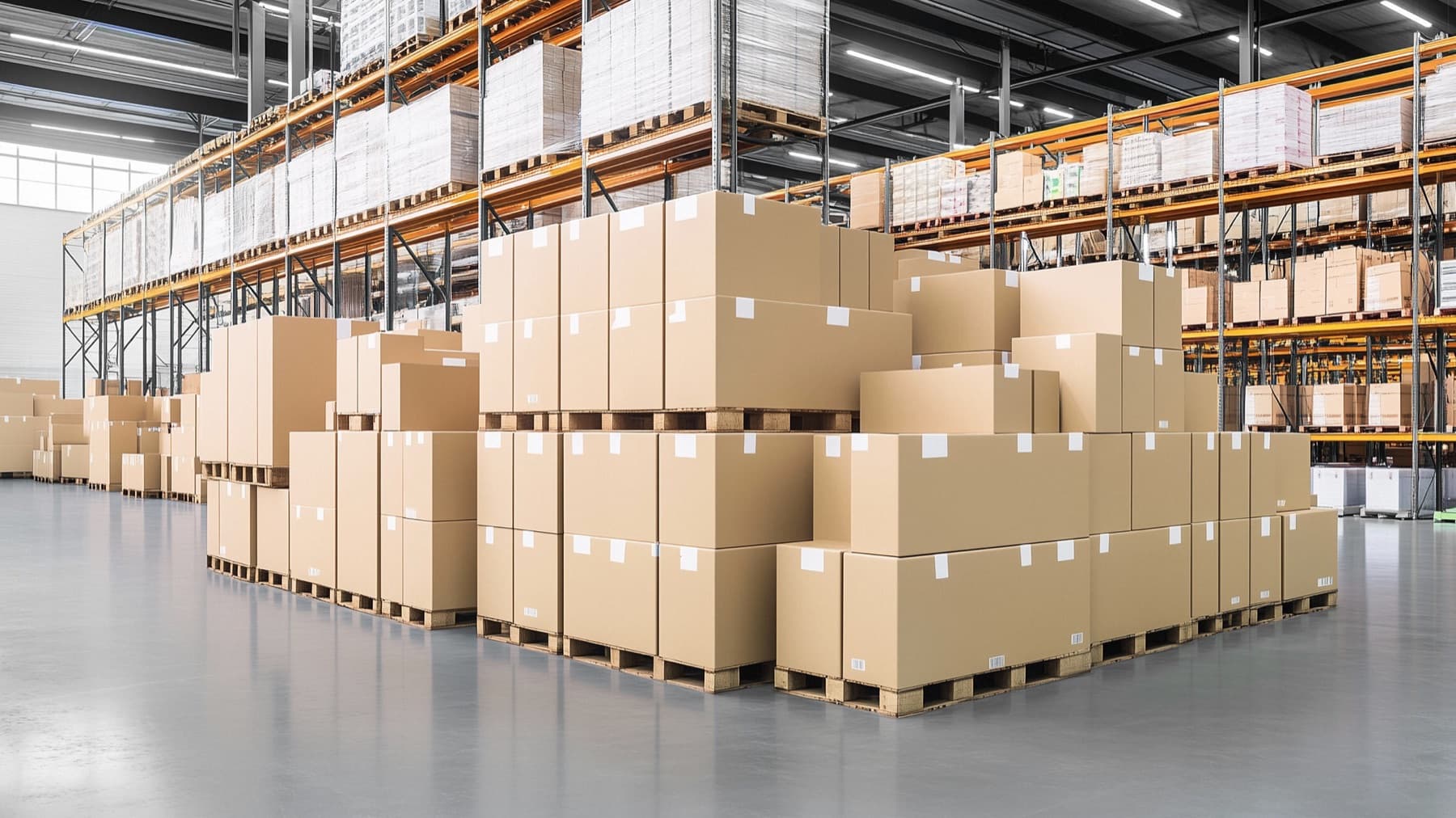 Large finished-goods warehouse ready for global delivery