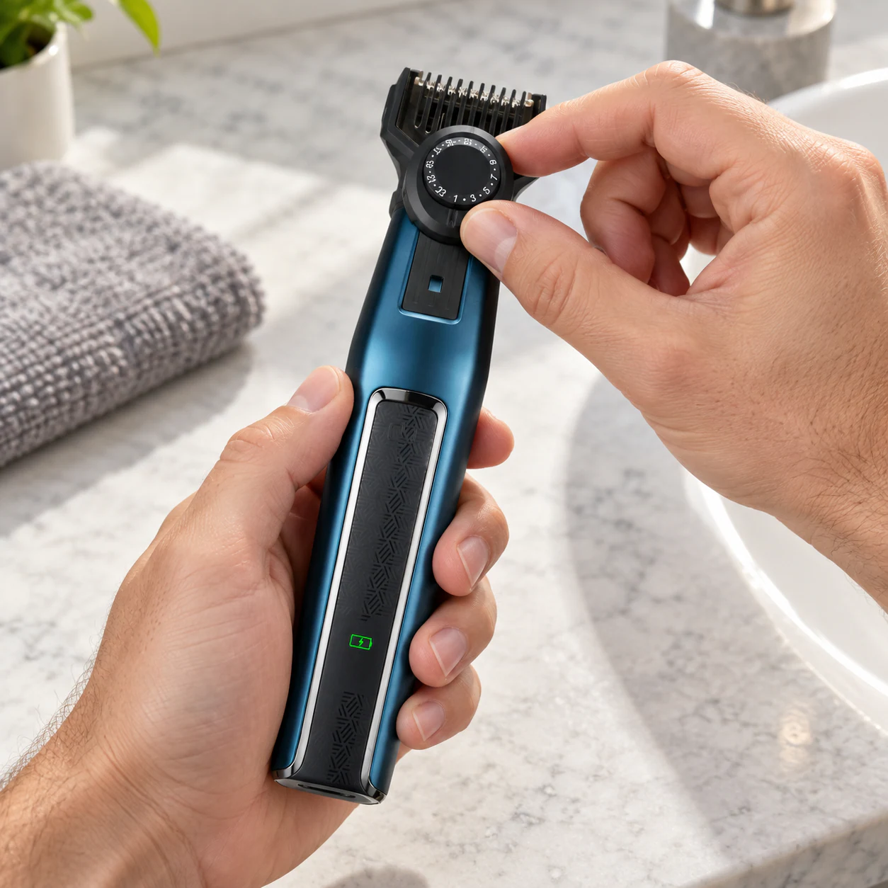 YMA001 hair and beard trimmer length dial adjusted by hand