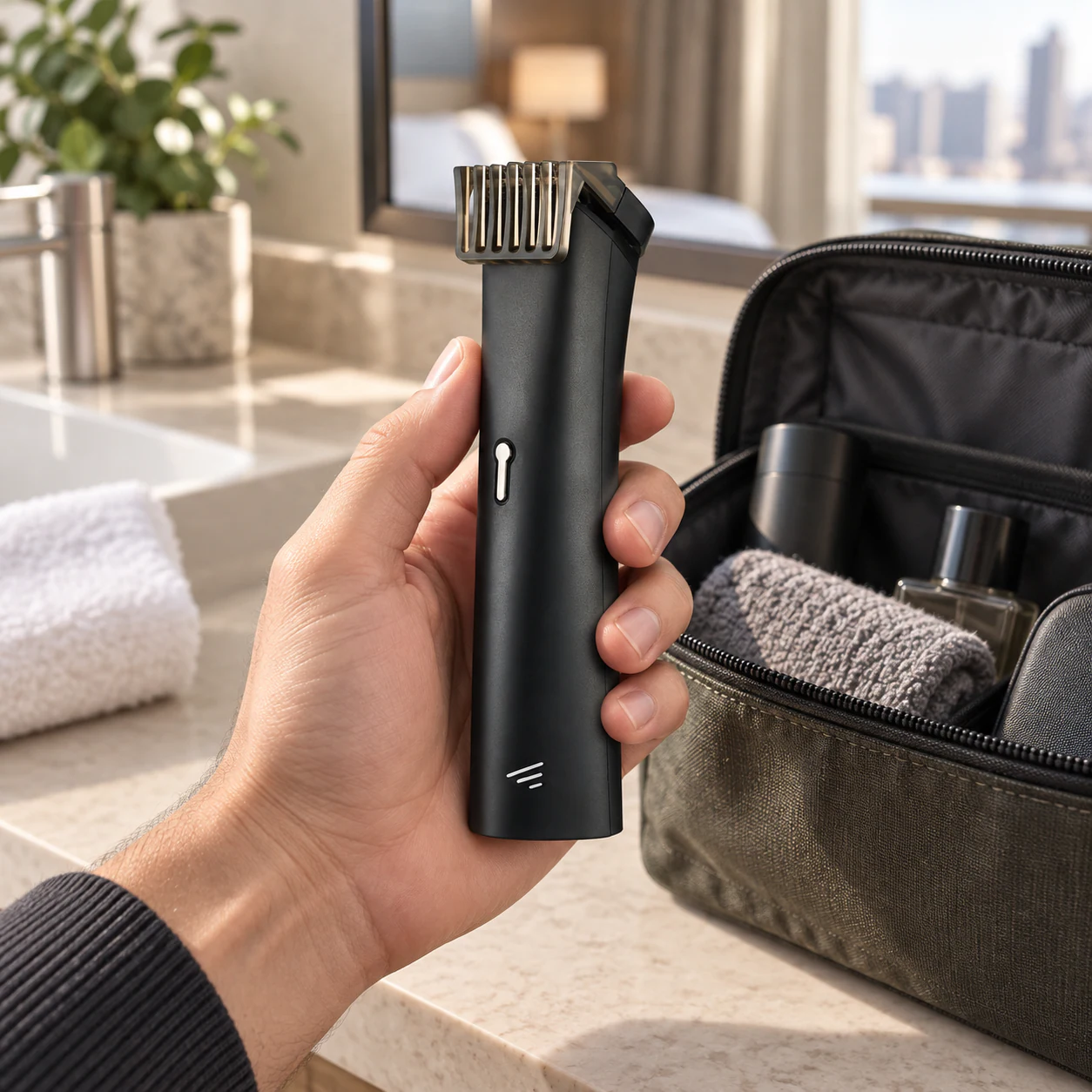 YMA003 beard trimmer held beside a compact travel grooming bag