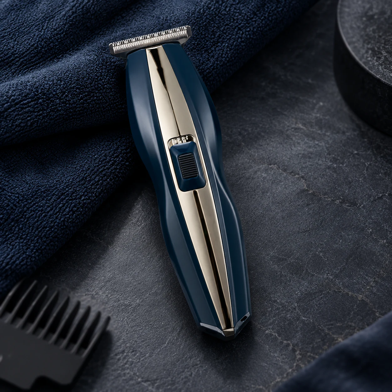 YMA006 deep blue trimmer presented in a refined material study