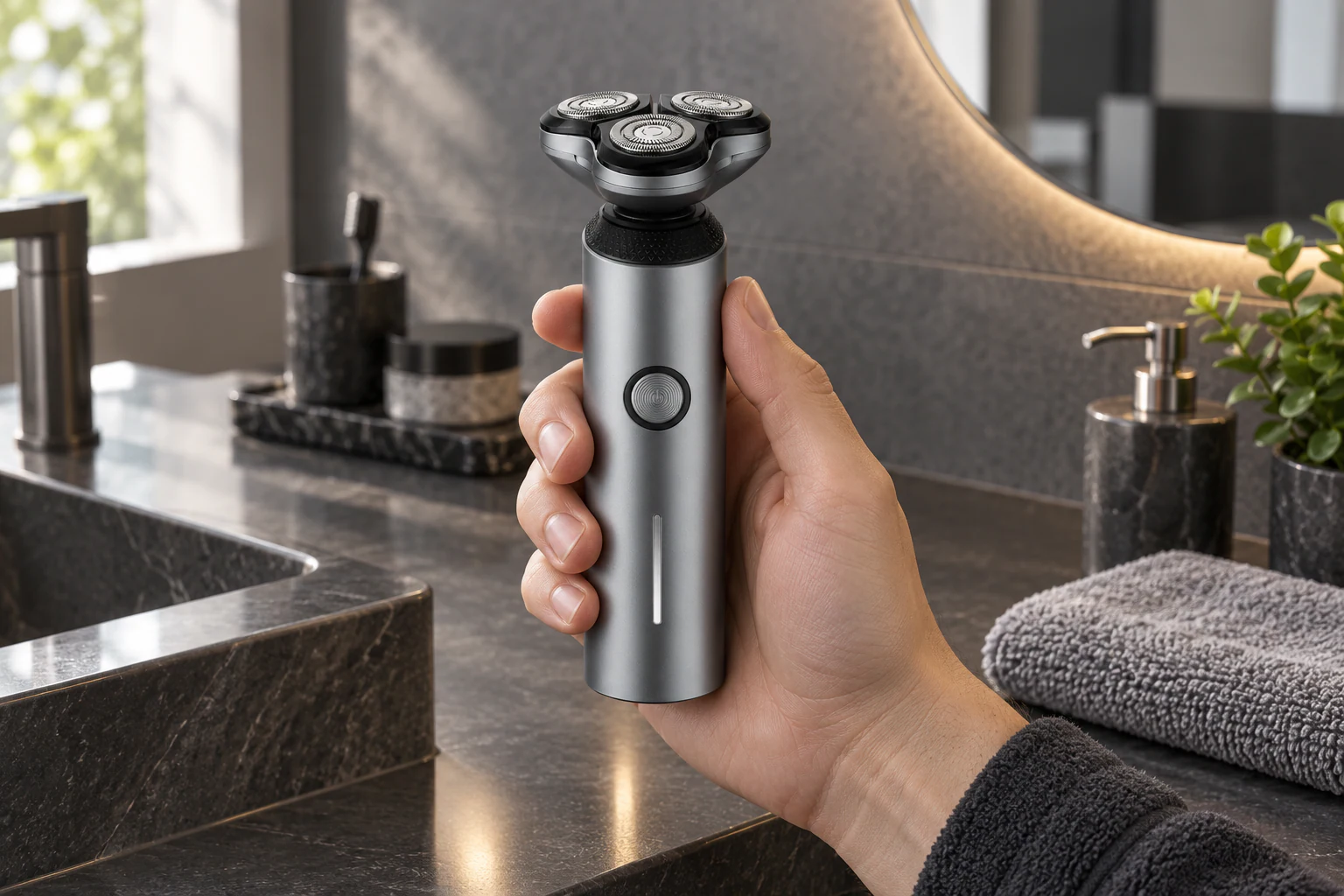 YMA008 silver three-head rotary shaver held at a modern bathroom vanity