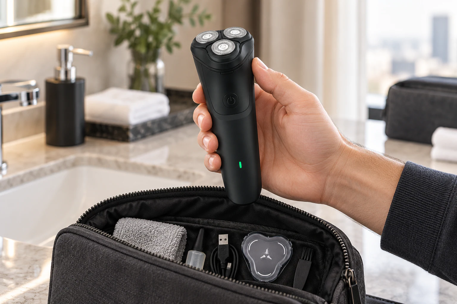 YMA009 black three-head rotary shaver lifted above a travel grooming case