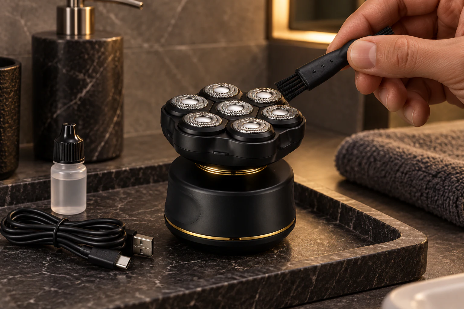 YMA010 seven-head shaver shown during careful rotary-head cleaning