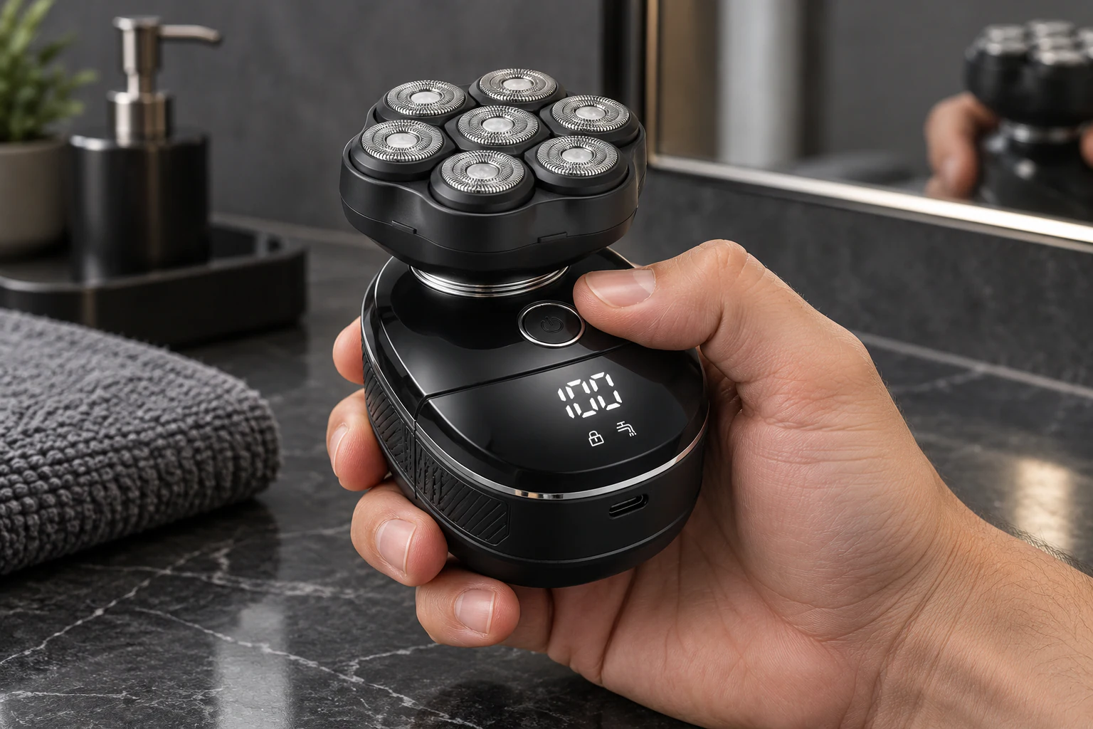 YMA011 digital seven-head shaver held with its status display visible