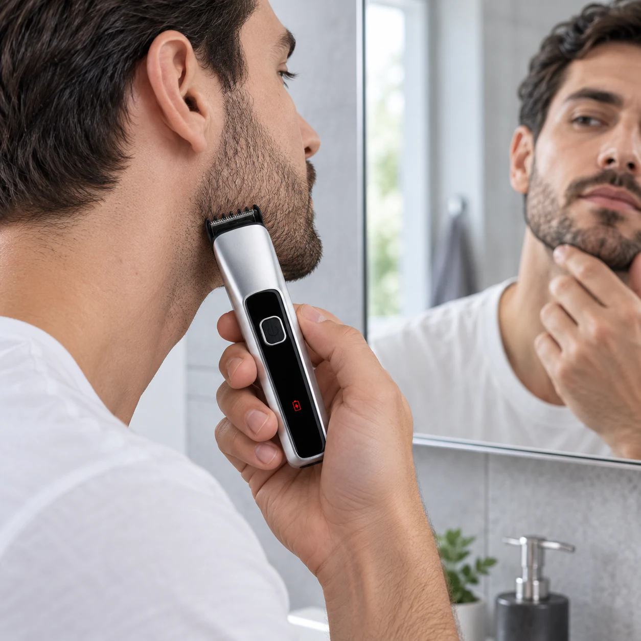 YMA383 beard trimmer used for jawline grooming in a bright bathroom