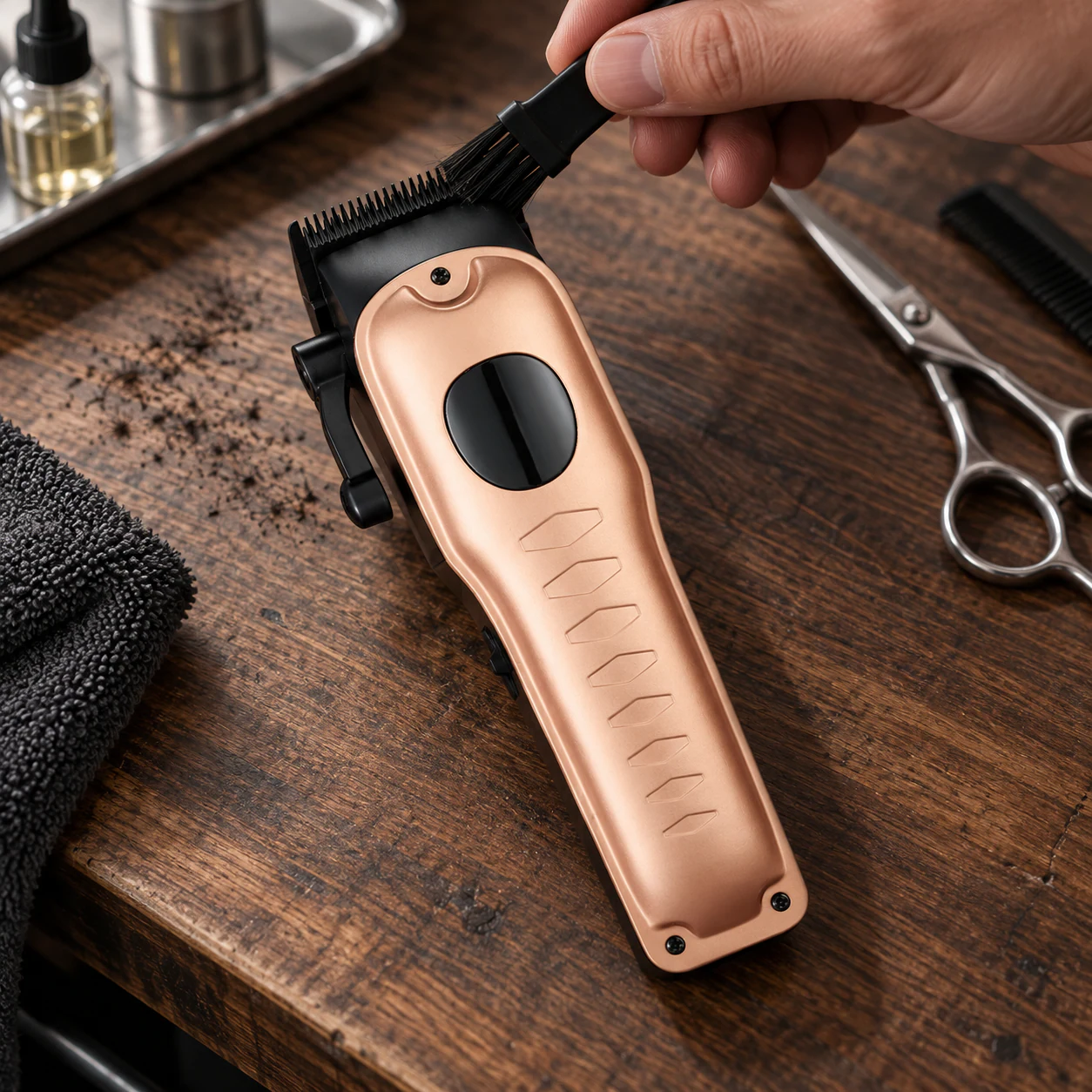 YMB052 rose gold hair clipper receiving professional blade maintenance