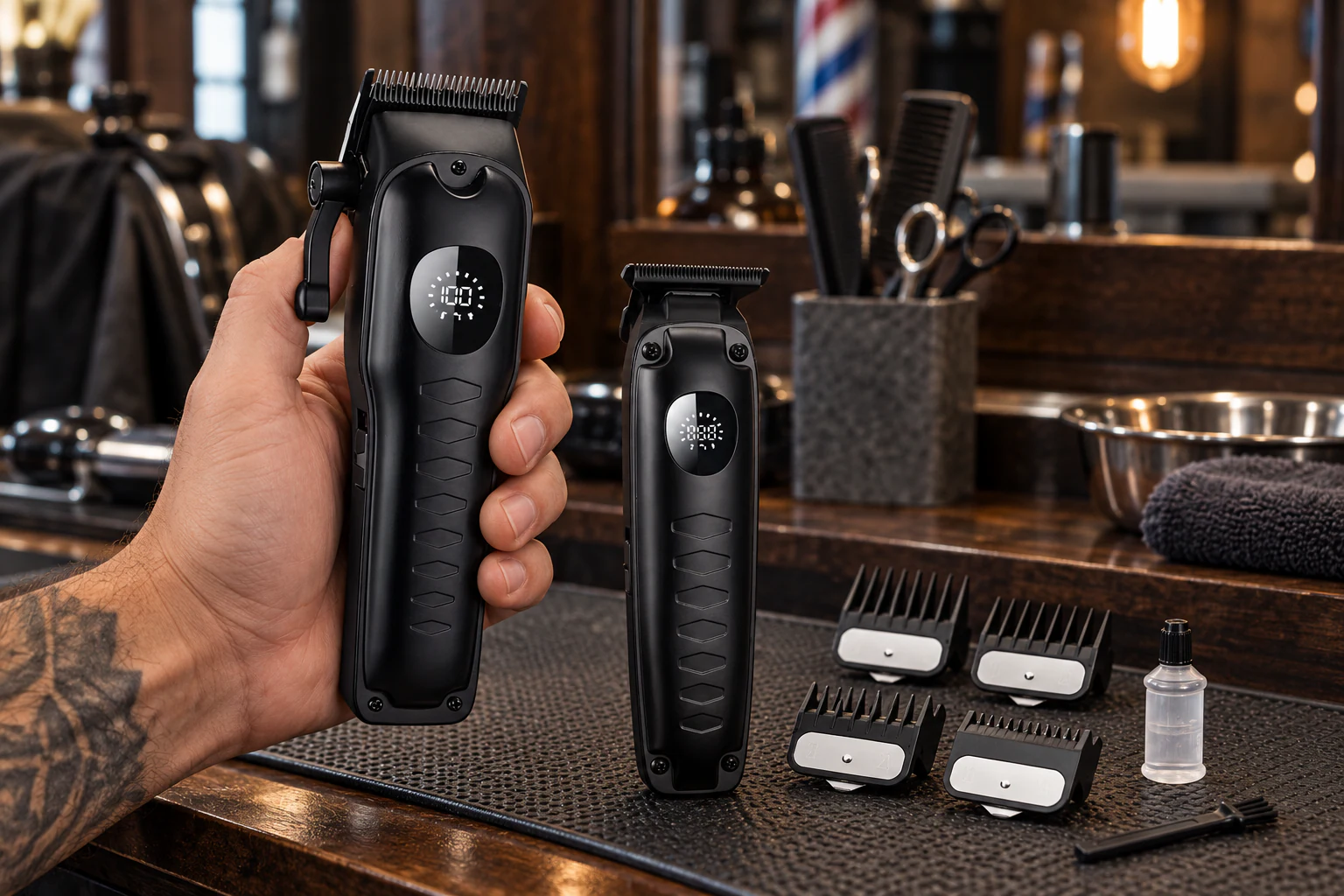 YMB053 black clipper and trimmer set presented at a professional barber station