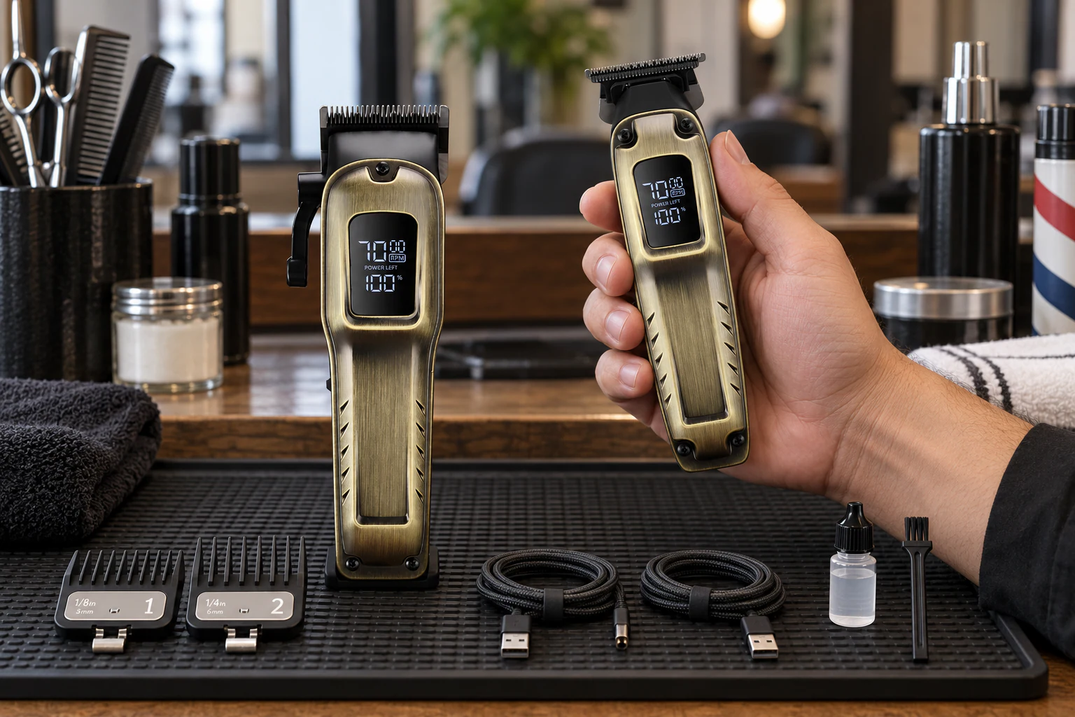 YMB057 bronze clipper and trimmer set prepared at a barber workstation