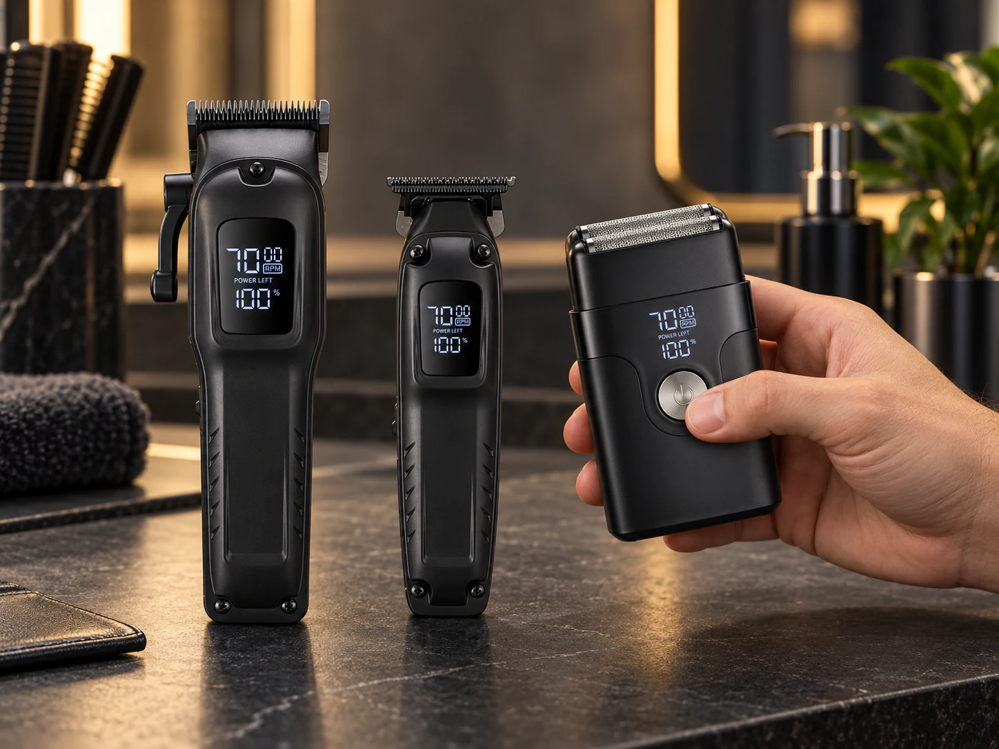 YMB058 three-piece black grooming set presented at a professional workstation