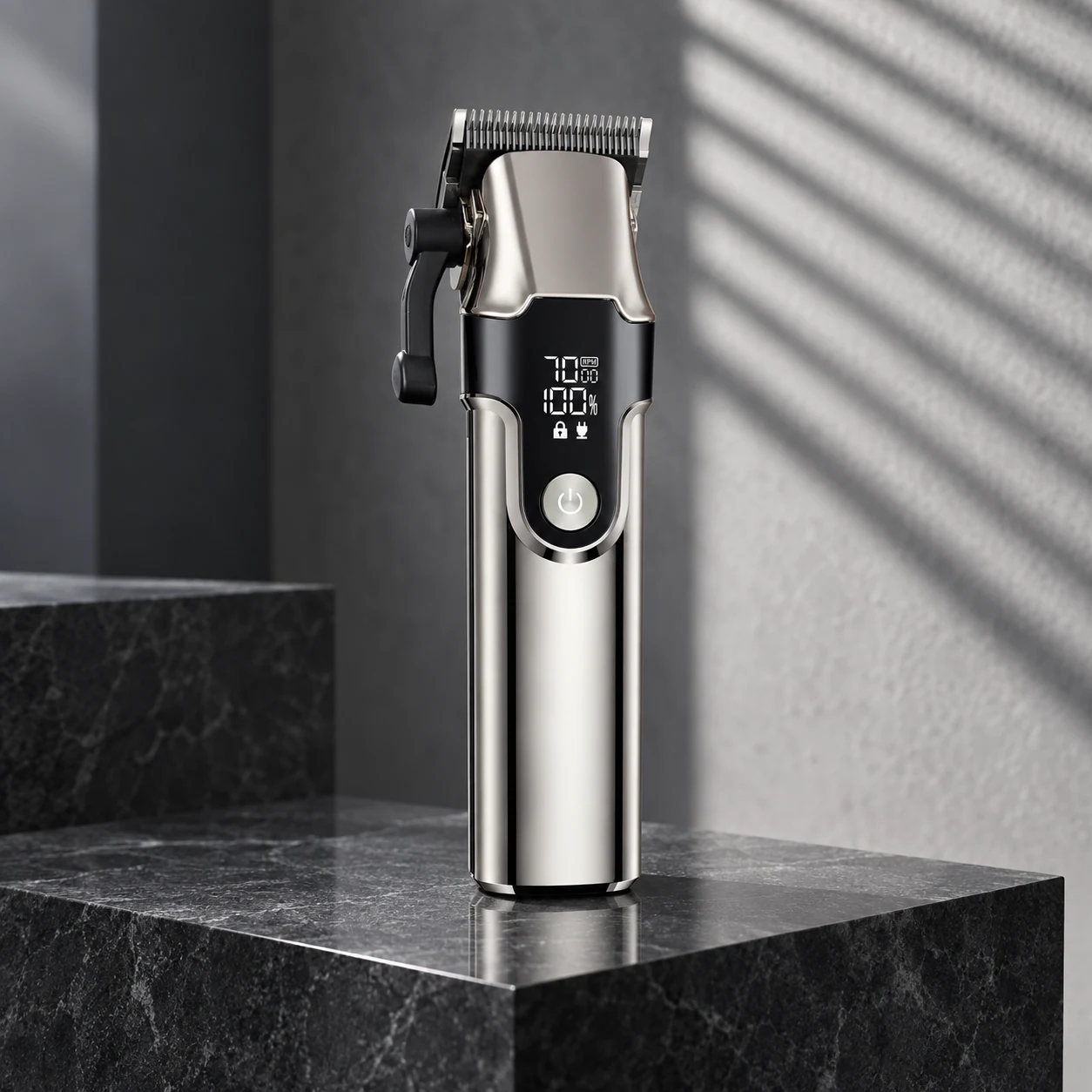 YMB060 digital hair clipper presented in a refined industrial design setting