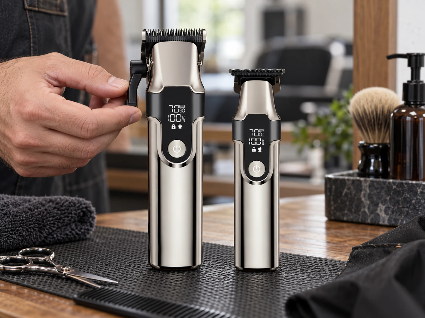 YMB061 matching clipper and trimmer set prepared at a professional barber station