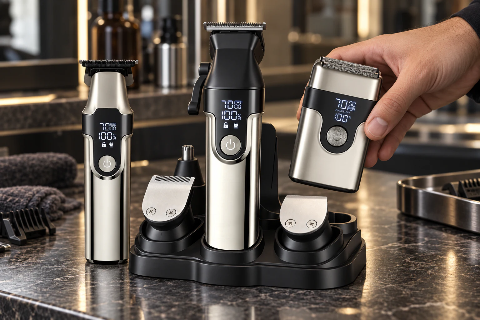YMB062 three-piece grooming set displayed at a professional grooming station