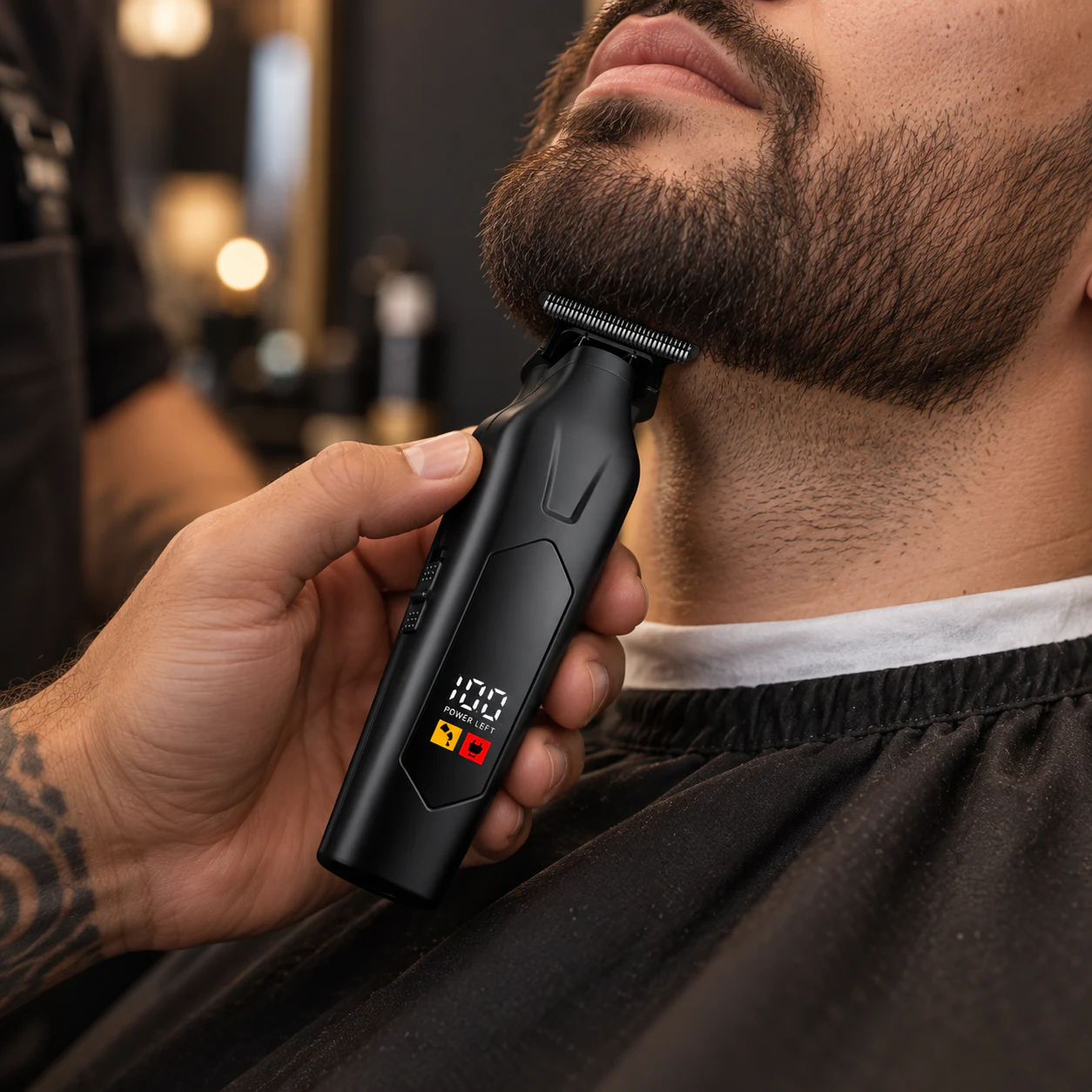 YMB063 digital T-blade trimmer used to define a beard edge