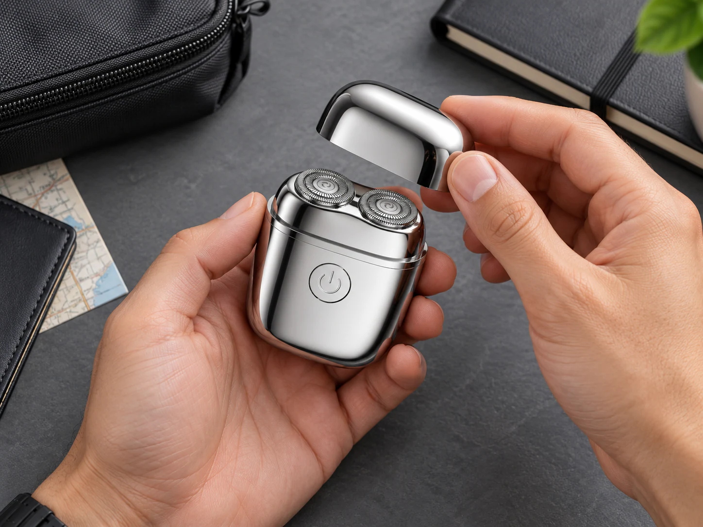 YMB067 silver mini shaver shown with its cap removed and dual rotary heads visible