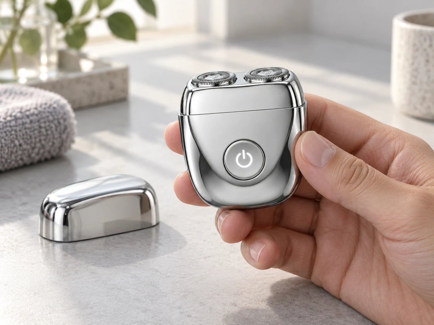 YMB068 compact silver dual-head shaver held in a bright dressing area
