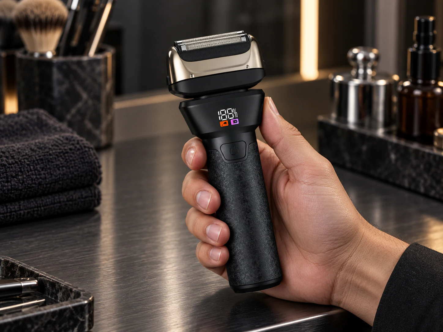 YMB069 long black digital foil shaver displayed at a professional grooming station