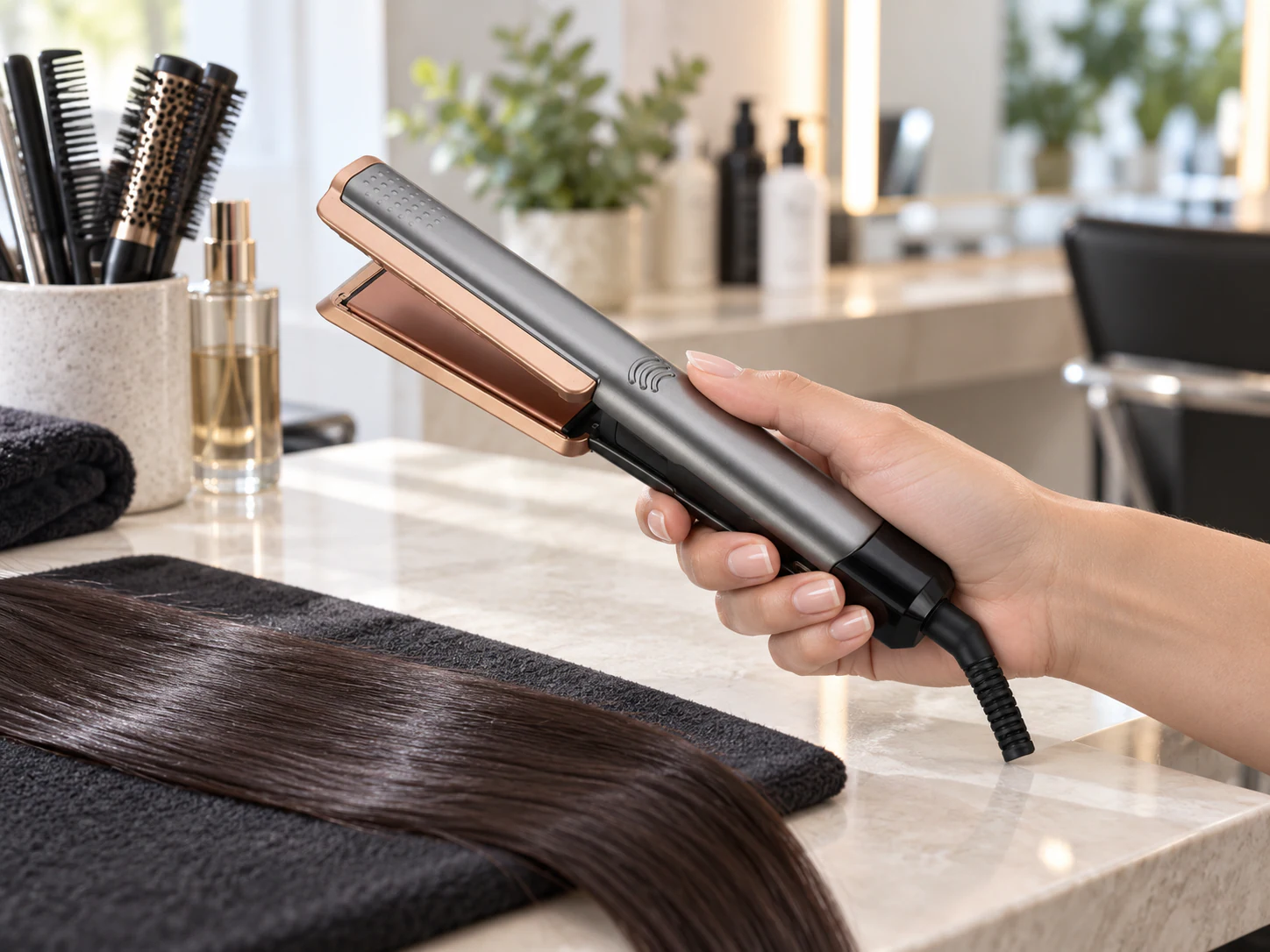 YMB071 graphite and rose-gold styling iron held open at a modern salon workstation