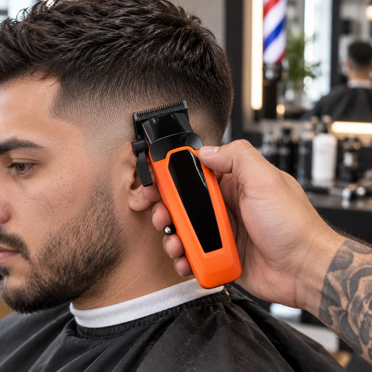 YMC101 orange hair clipper used for a precise temple fade