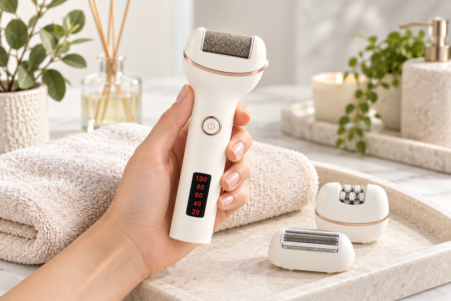 YME161 digital multi-head foot care device presented above a spa towel