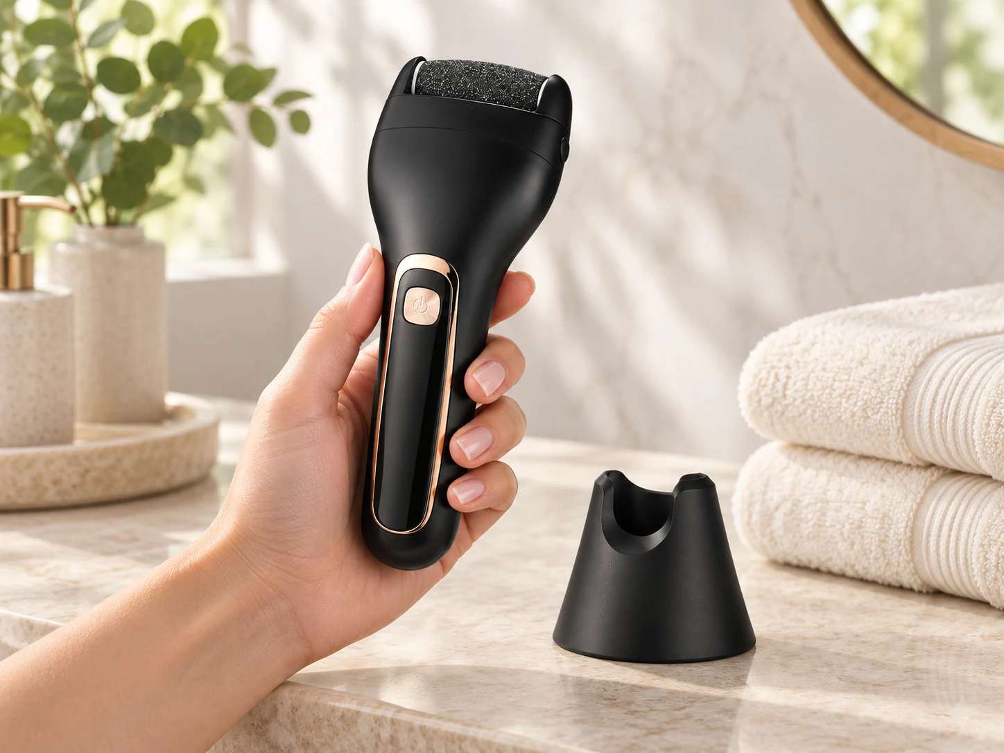 YME163 black electric foot file held with its abrasive roller fully installed