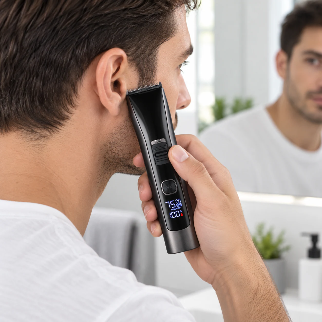 YME169 cordless digital hair clipper used for sideburn grooming