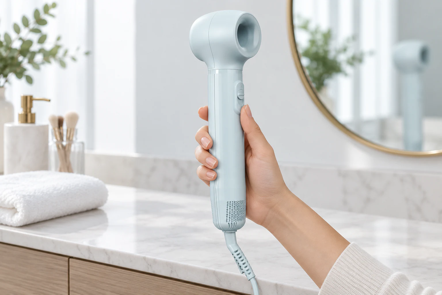 YWA510 pale blue hair dryer held upright in a bright salon setting