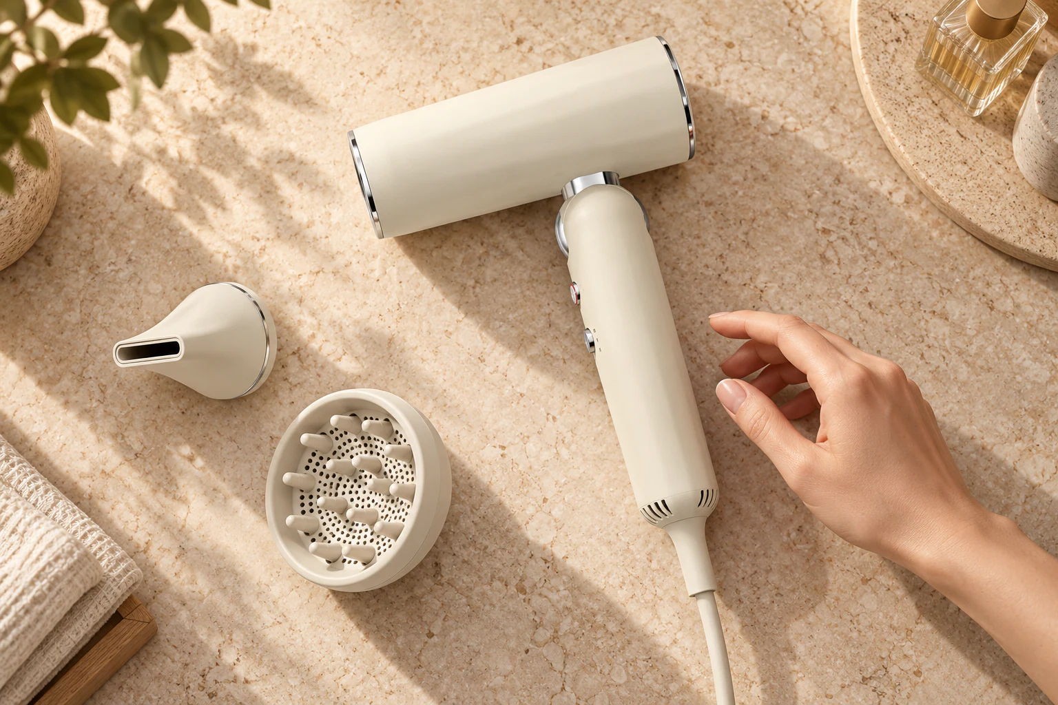 YWA512 cream professional hair dryer arranged in a top-down salon composition